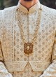 Wedding Wear Lucknowi Work Sherwani In Cream Color